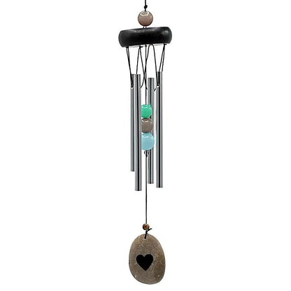 Carillon à vent décoratif en aluminium et bois avec perles et cœur, 4 tubes, 35 cm – Feng Shui et harmonie pour la maison