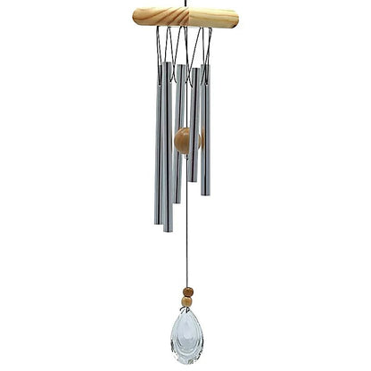 Carillon à vent décoratif de 48 cm avec 5 tubes en aluminium, bois naturel et cristal, idéal pour feng shui et décoration zen.