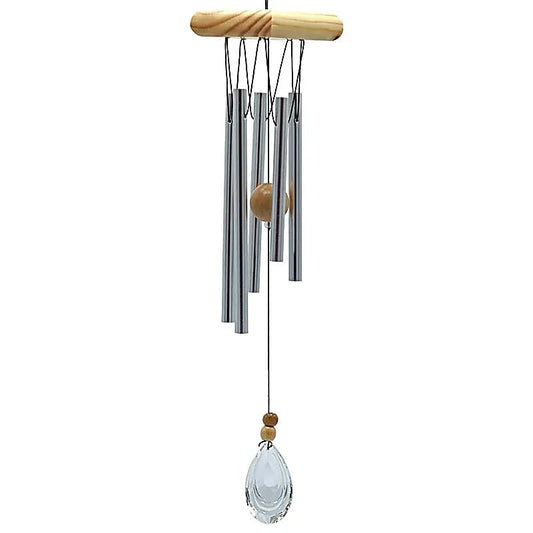 Carillon à vent décoratif de 48 cm avec 5 tubes en aluminium, bois naturel et cristal, idéal pour feng shui et décoration zen.