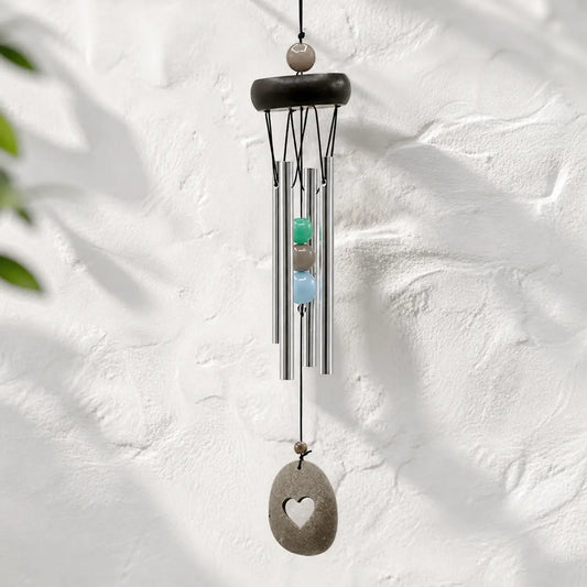 Carillon à vent 4 tubes alu, bois, perles et Coeur 