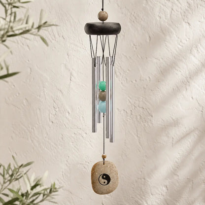 Carillon à vent 4 tubes alu, bois, perles et Ying-Yang - 35 cm