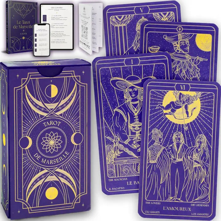 Coffret Tarot de Marseille complet avec cartes, livret d’initiation et support numérique pour débutants