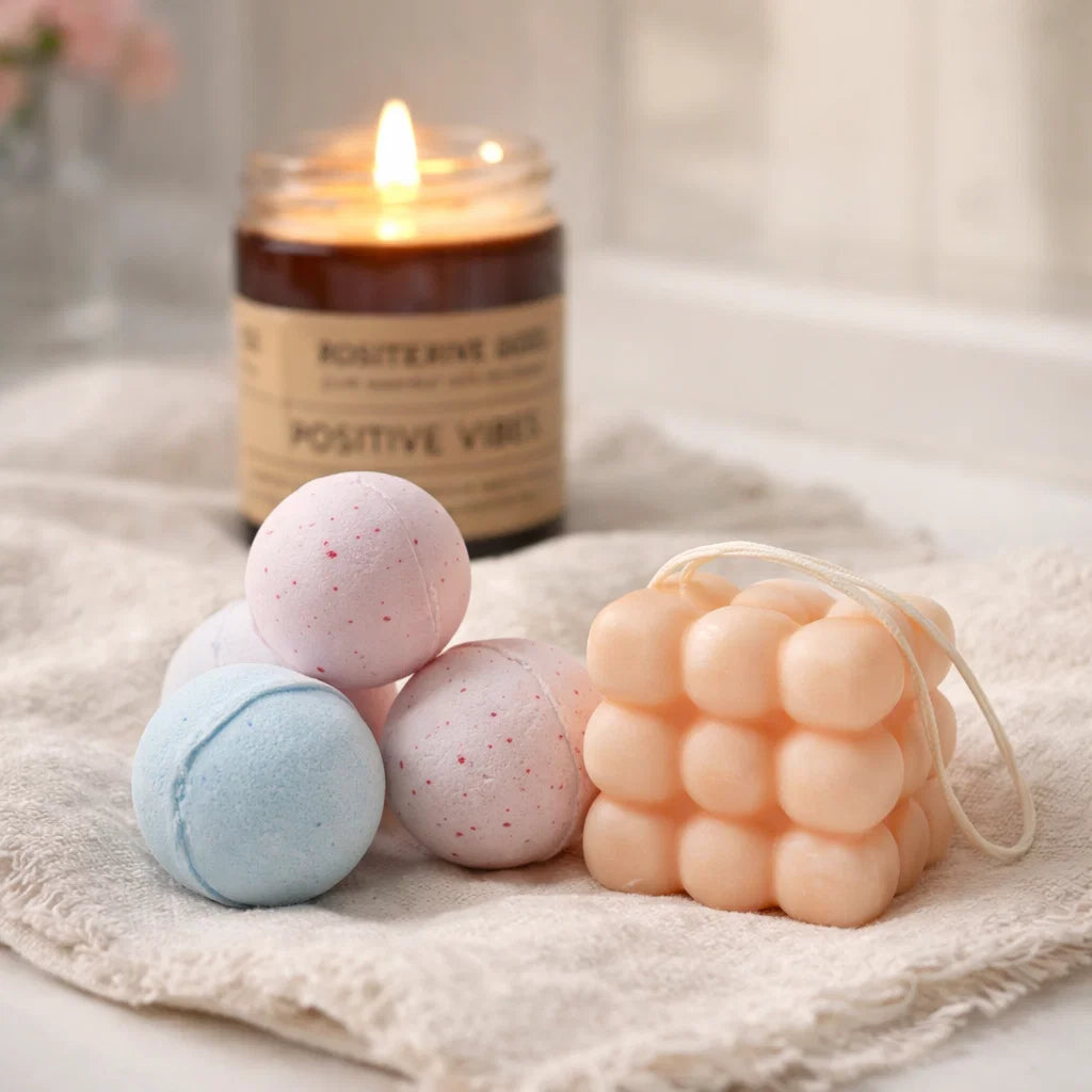 Coffret bien-être composé de quatre bombes de bain aromathérapie aux senteurs variées pour une expérience spa à domicile