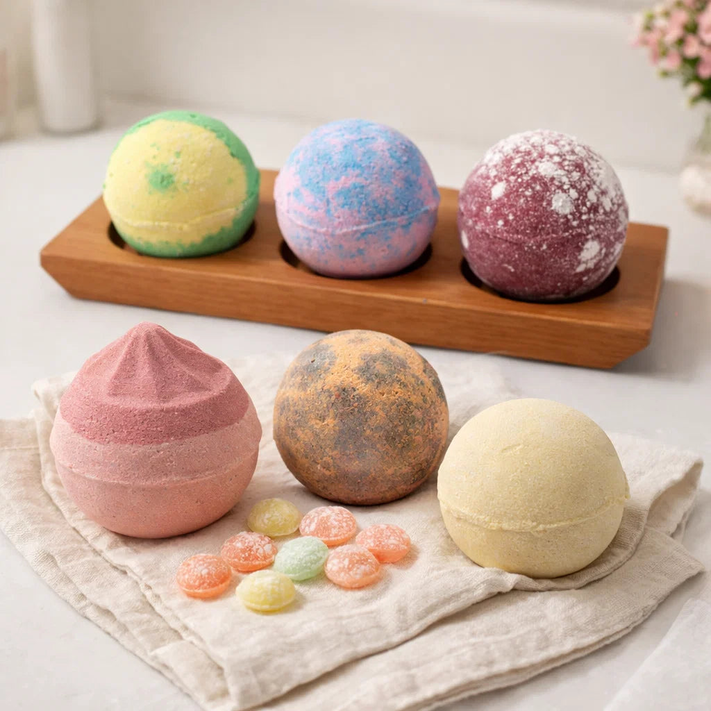 Coffret cadeau bien-être gourmand avec 6 bombes de bain au karité et accessoire bain