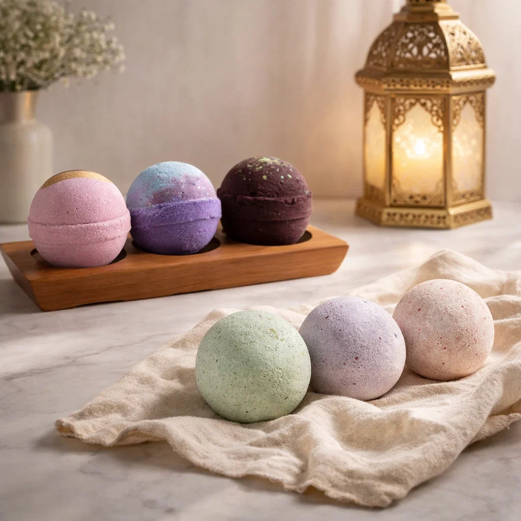 coffret 6 bombes de bain au karité avec accessoire bain luxe oriental