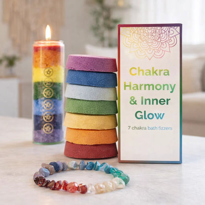 Coffret bien-être 7 chakras avec bombes de bain, bougie énergétique et bracelet en pierres naturelles