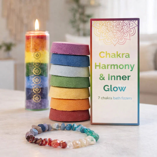 Coffret bien-être 7 chakras avec bombes de bain, bougie énergétique et bracelet en pierres naturelles