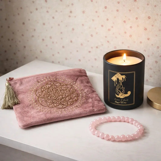 Idée cadeau amour femme – coffret quartz rose avec bougie d’intention et bijou énergétique
