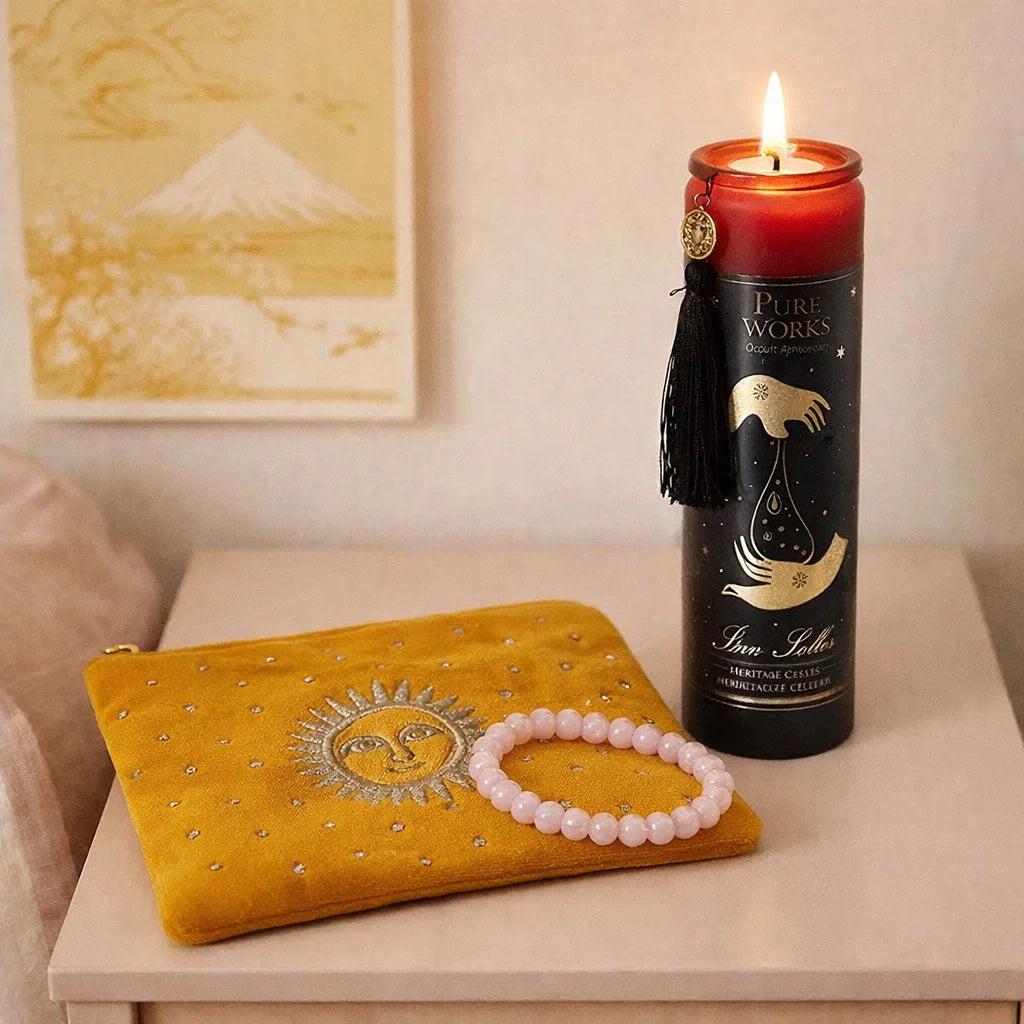 Coffret cadeau bien-être avec bracelet en quartz rose, bougie d’intention et pochette spirituelle pour moment de détente
