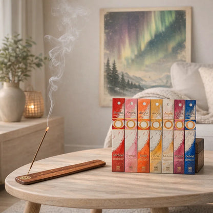 Coffret encens des 7 Archanges avec porte-encens en acacia pour rituels spirituels et méditation