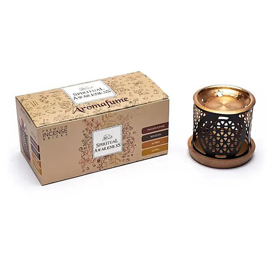 Diffuseur d'encens Fleur de Vie Aromafume en fer forgé sur base en bois avec brique d'encens posée sur plaque de cuivre