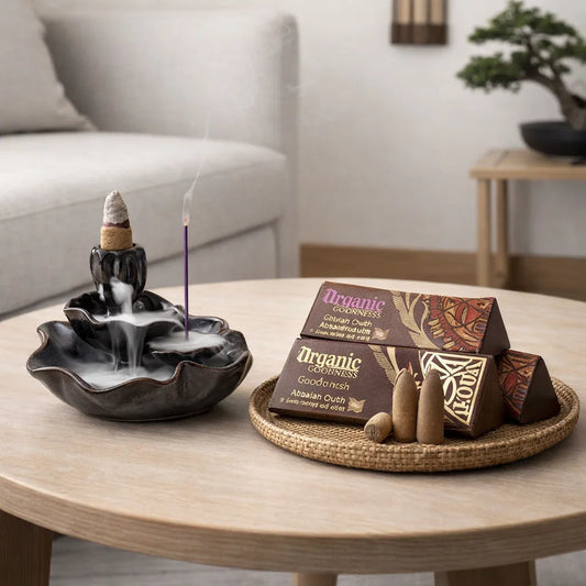 Coffret fontaine d’encens à refoulement avec cônes organic Palo Santo, Oud et Dragon’s Blood