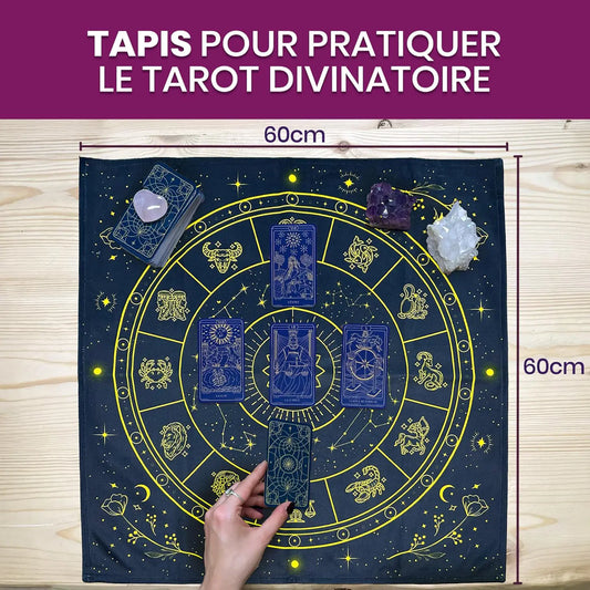 Coffret d'initiation au Tarot de Marseille - Tapis de tirage bleu marine - Set complet pour apprendre le Tarot de Marseille facilement