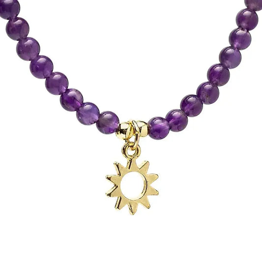 Collier ajustable en améthyste avec pendentif soleil doré longueur 37 cm