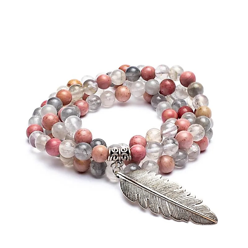 Mala Rhodonite & Quartz Gris avec Plume | 108 perles