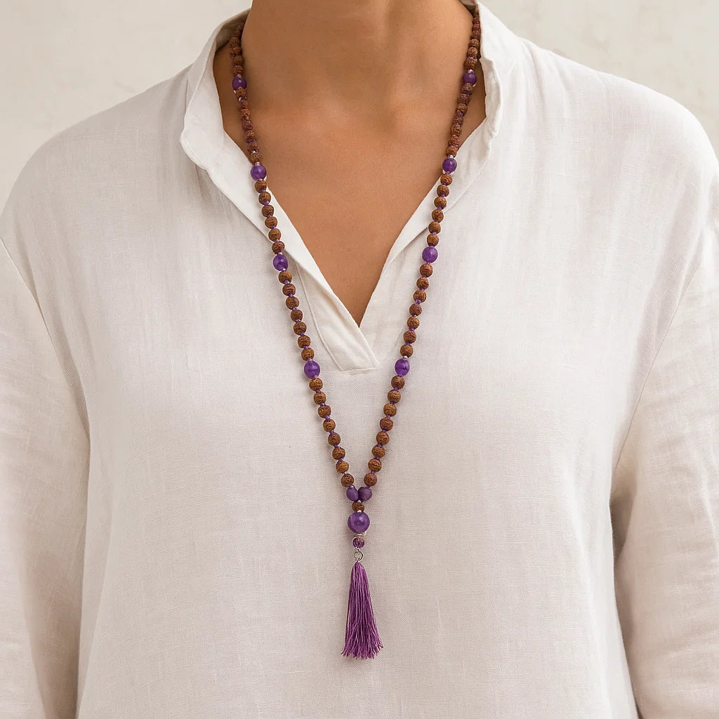 Mala Rudraksha & Améthyste Violet | 108 perles