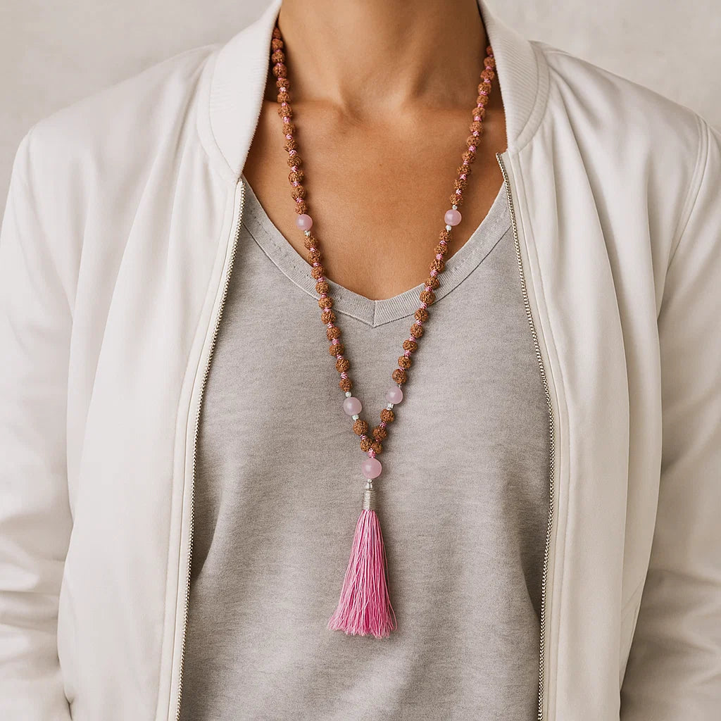 Mala Rudraksha &amp; Quartz Rose | 108 perles