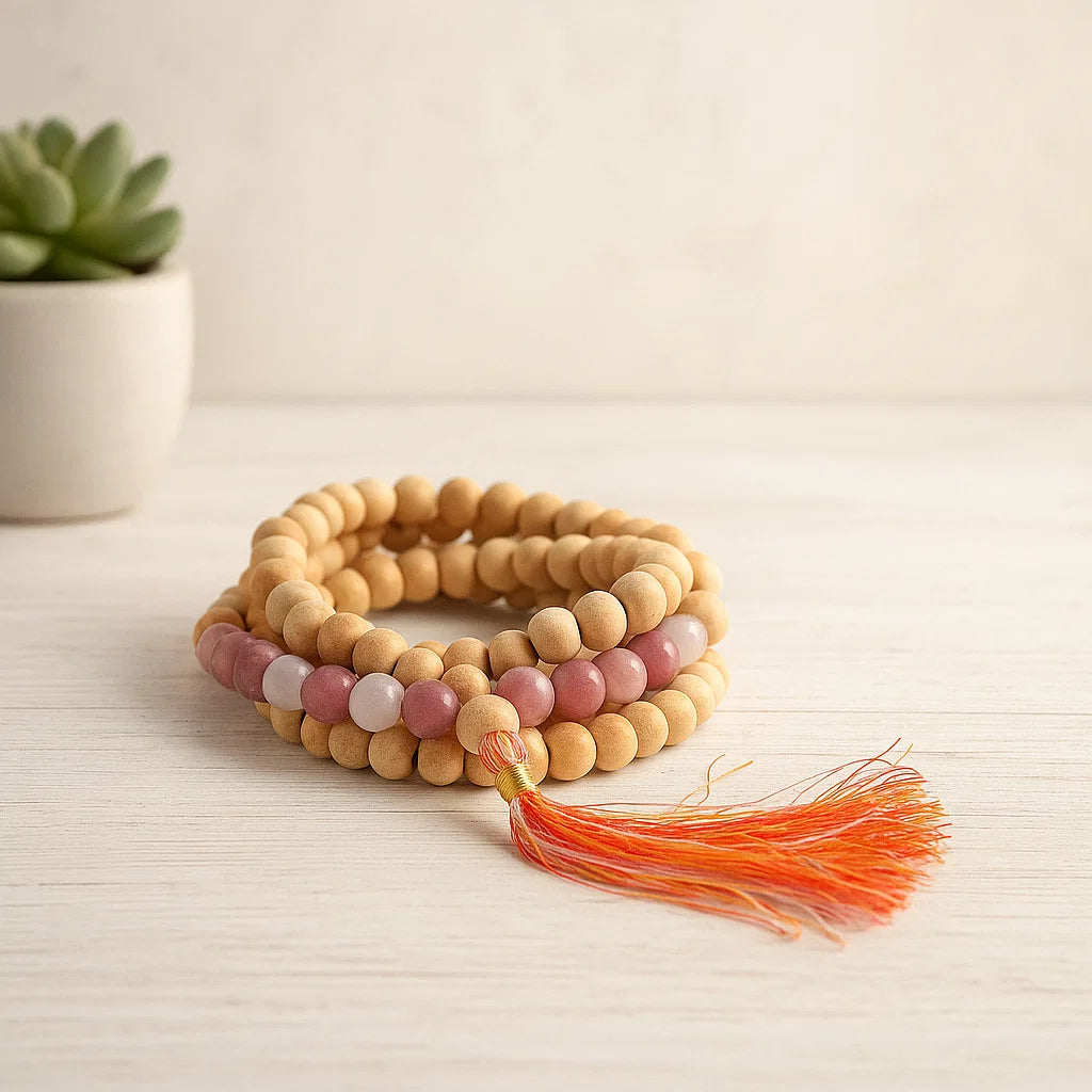 Mala Tulsi avec Thulite et Quartz Rose | 108 perles