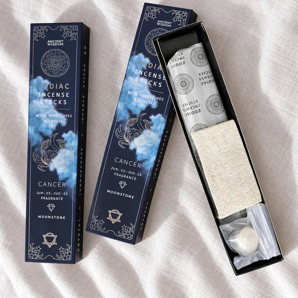 Encens signe astrologique Cancer Ancient Wisdom : 20 bâtonnets parfum palo santo, pierre de lune et horoscope