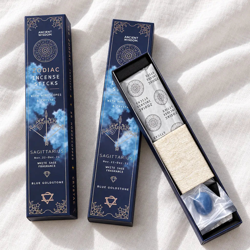 Encens signe astrologique Sagittaire Ancient Wisdom : 20 bâtonnets parfum sauge blanche, goldstone bleue et horoscope