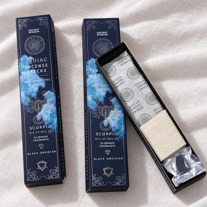 Encens signe astrologique Scorpion Ancient Wisdom : 20 bâtonnets parfum oliban, obsidienne noire et horoscope