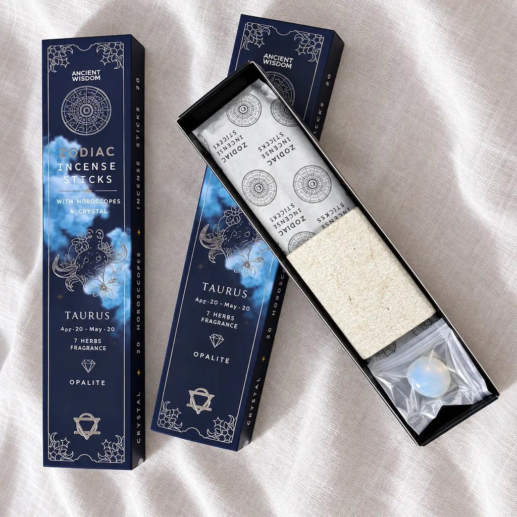 Encens signe astrologique Taureau Ancient Wisdom : 20 bâtonnets parfum 7 plantes, opalite et horoscope