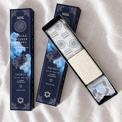 Encens signe astrologique Taureau Ancient Wisdom : 20 bâtonnets parfum 7 plantes, opalite et horoscope