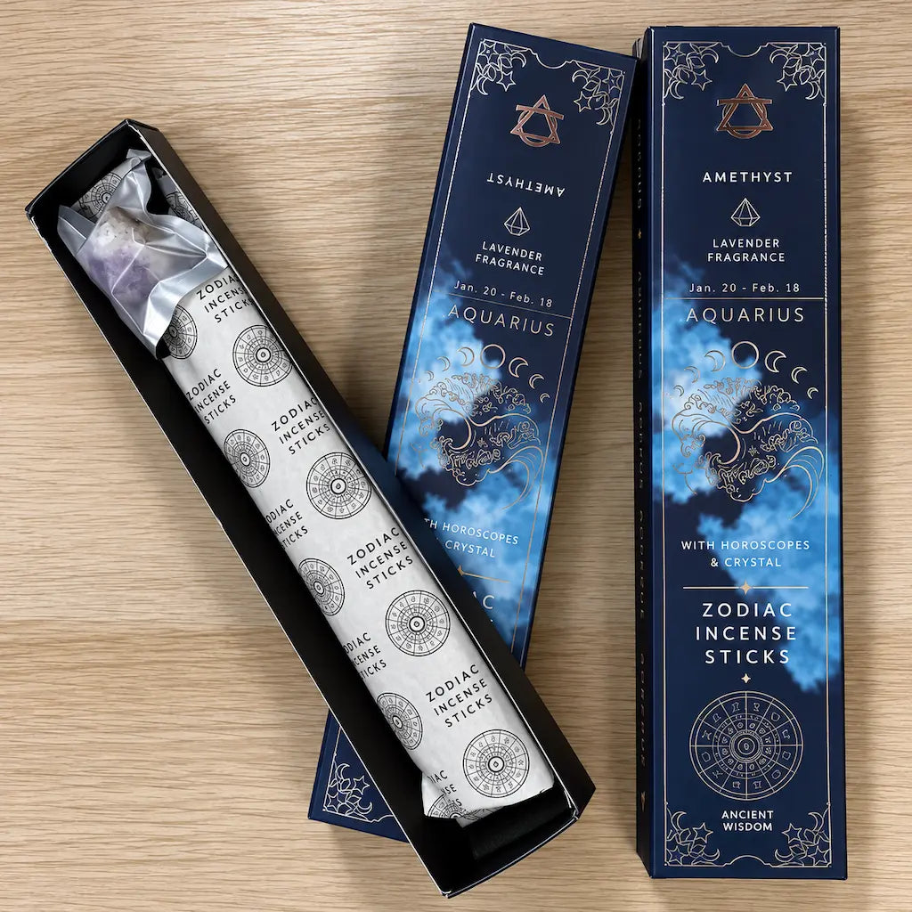 Encens signe astrologique Verseau Ancient Wisdom : 20 bâtonnets parfum lavande, améthyste et horoscope