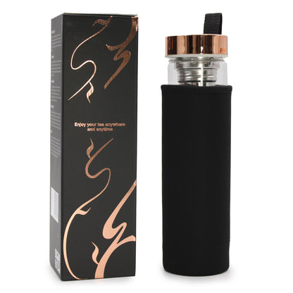 Gourde infuseur à thé quartz rose avec housse de protection en néoprène noir et boîte d’emballage