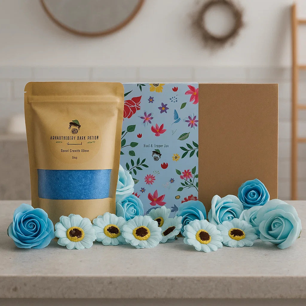 Coffret cadeau Spa bleu avec sels de bain et fleurs de savon