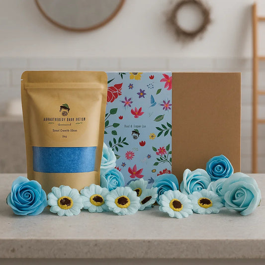 Coffret cadeau Spa bleu avec sels de bain et fleurs de savon
