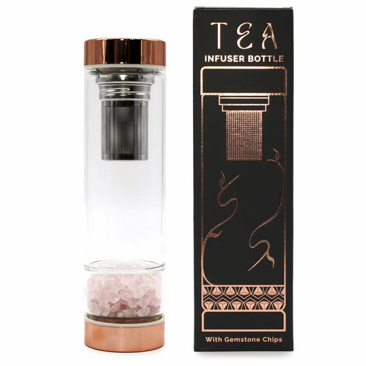 Gourde infuseur à thé en quartz rose avec son packaging élégant – bouteille bien-être et cadeau original