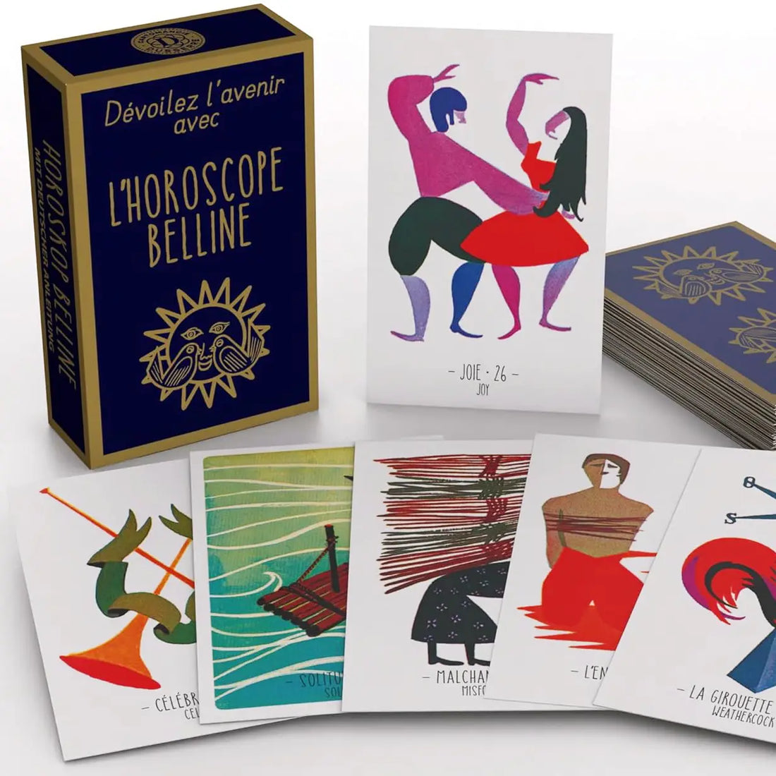 Coffret Horoscope de Belline avec cartes de divination colorées représentant joie, célébration et guidance