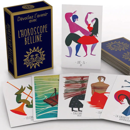 Coffret Horoscope de Belline avec cartes de divination colorées représentant joie, célébration et guidance