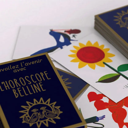 Jeu de cartes Horoscope de Belline – coffret bleu et doré avec cartes illustrées colorées