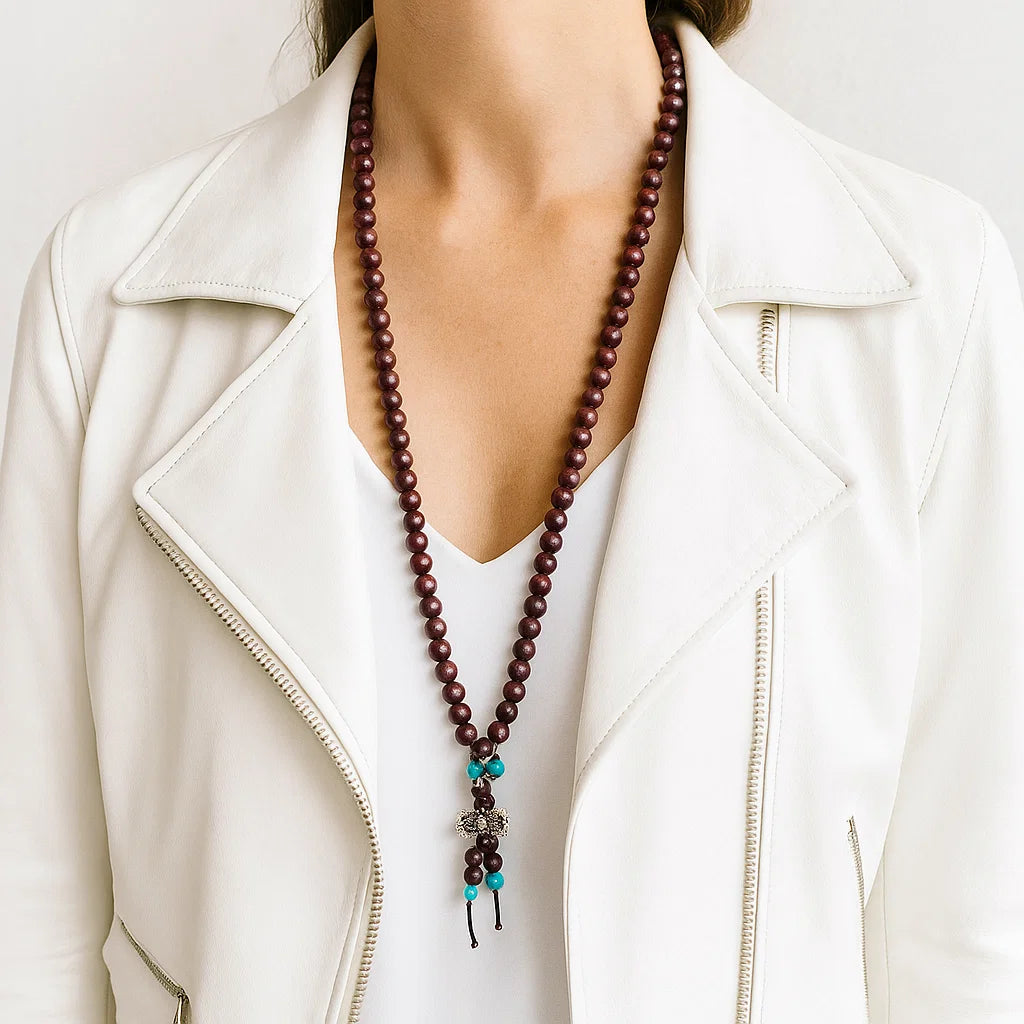 Mala en Bois avec Perles Ornementales et Dorje | 108 perles