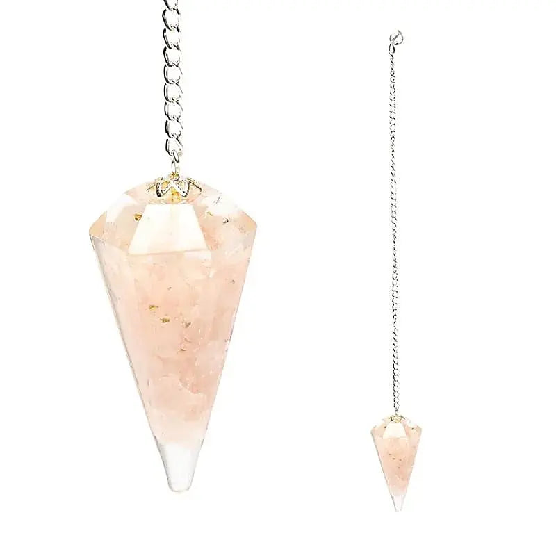 Pendule orgonite quartz rose facetté avec chaîne – outil de radiesthésie et divination