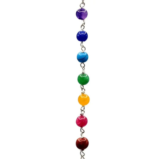 Les 7 chakras immortalisés par des pierres véritables sur la chainette du Pendule Cristal de roche 7 Chakras
