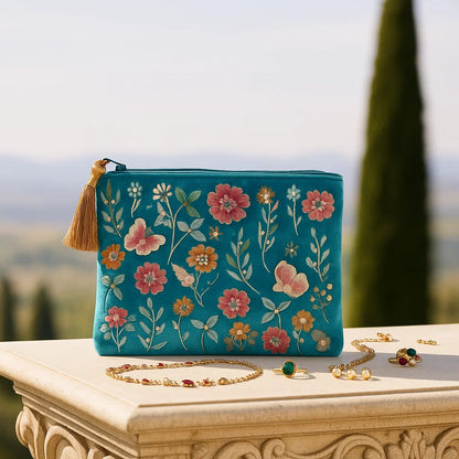 Pochette zippée en velours Bleu | broderie Fleurs