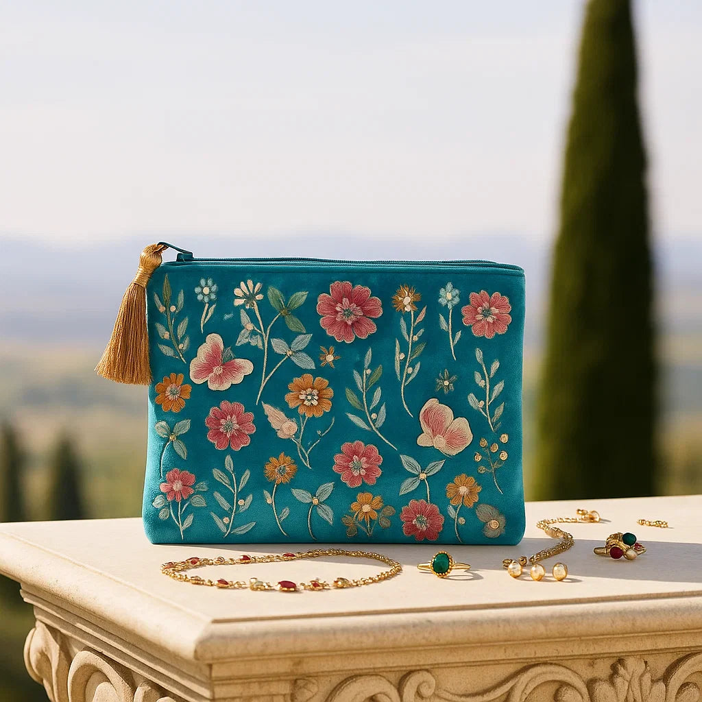 Pochette en velours bleu brodée fleurs – accessoire raffiné pour coffret cadeau bien-être