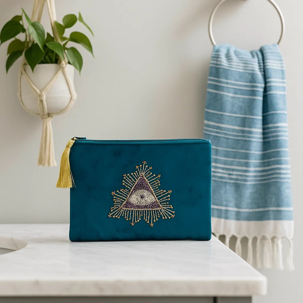 Pochette à bijoux en velours bleu pétrole brodée de l'œil protecteur nazar talisman contre mauvais œil Astroya