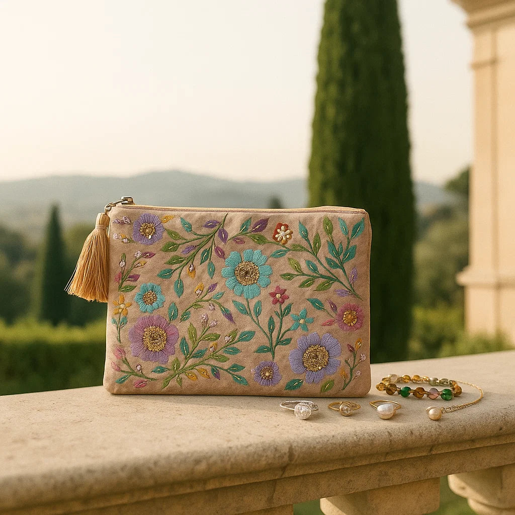 Pochette zippée en velours Beige | broderie Fleurs