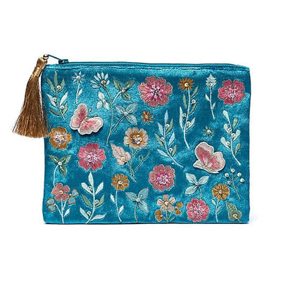 Pochette zippée en velours bleu brodée de fleurs – cadeau bien-être élégant