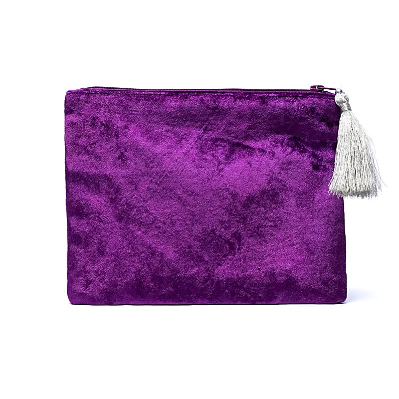 Pochette zippée en velours violet avec pompon – vue arrière
