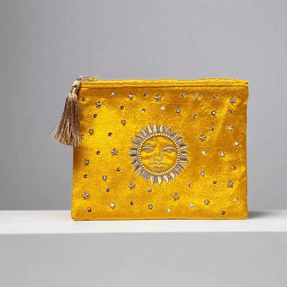 Pochette zippée en velours Jaune | broderie Soleil