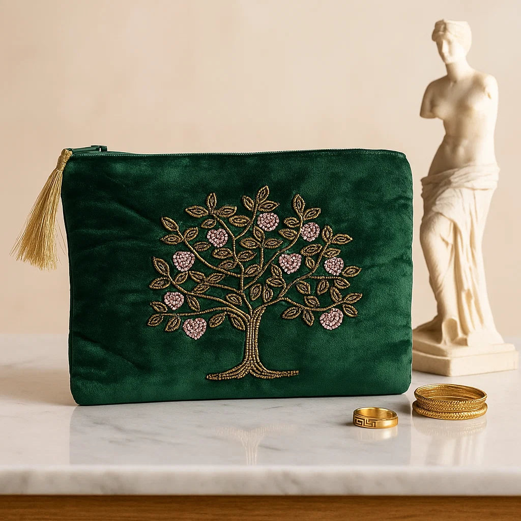 Pochette zippée en velours Vert | broderie Arbre de Vie &amp; Cœurs dans un salon élégant