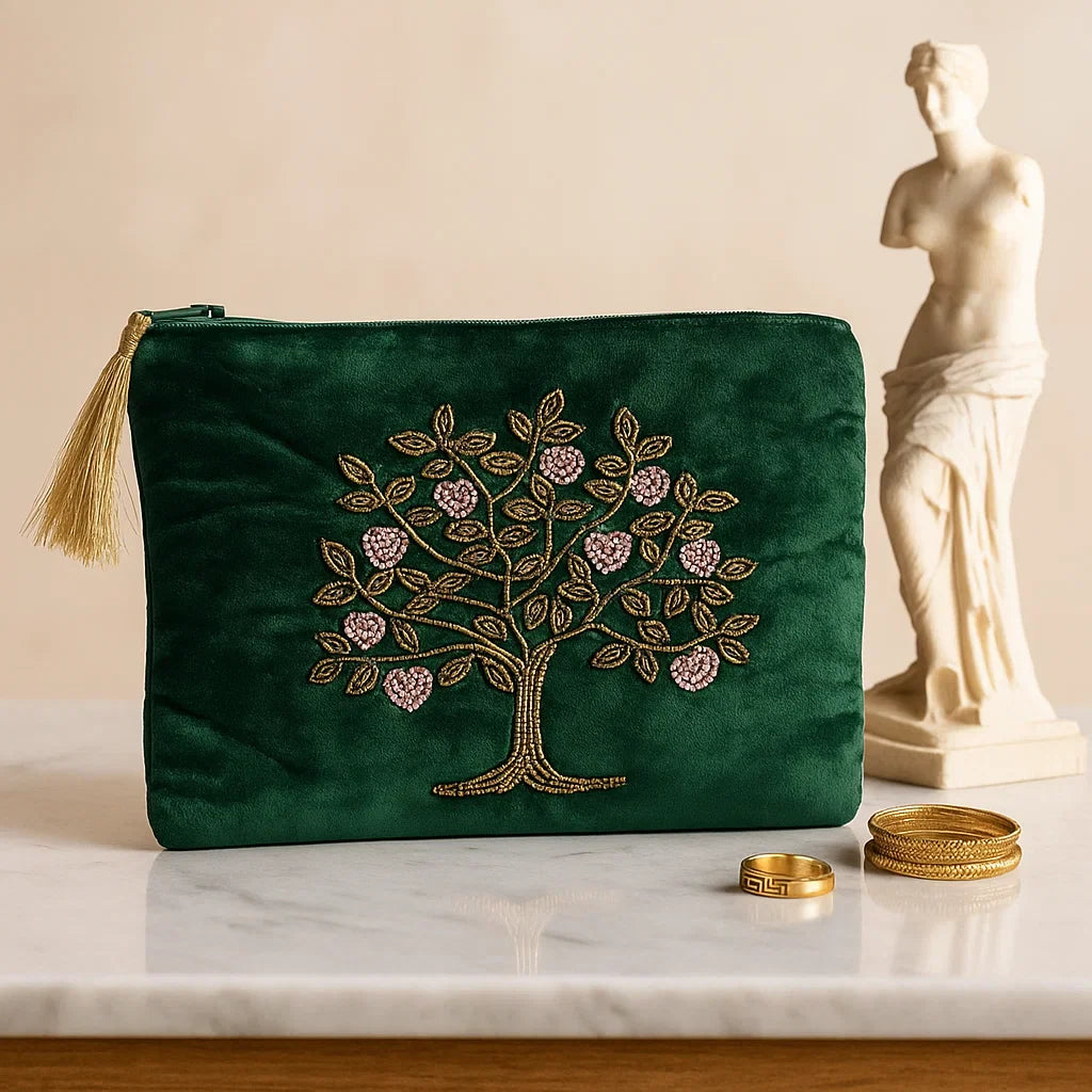Pochette en velours vert brodée Arbre de Vie posée en décoration bien-être raffinée