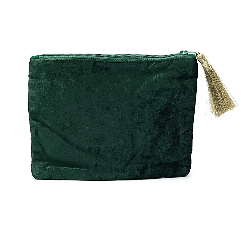 Pochette zippée en velours vert vue arrière, accessoire élégant pour coffret cadeau bien-être