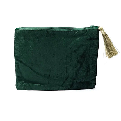 Pochette zippée en velours vert vue arrière, accessoire élégant pour coffret cadeau bien-être