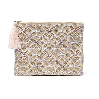 Pochette zippée en velours beige| broderie Fleur de vie